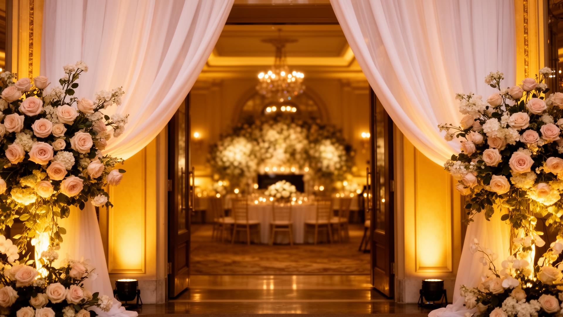 Elegant event venue with warm golden lighting and floral arrangements